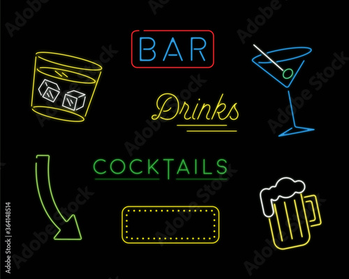 Neon Bar and Cocktail Vectors