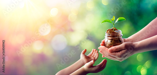 Mother Hands Giving Money Saving To Child - Grow And Investment For The Future Generation 