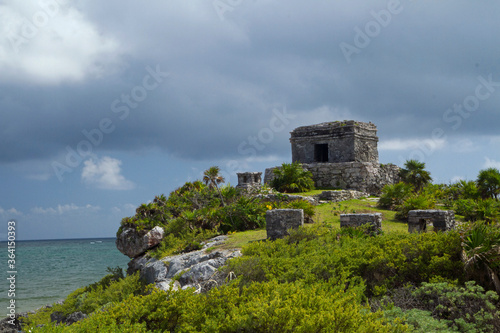 Ancient civilization. The God of Winds Maya temple ruin of Tulum along the Caribbean Sea  Quintana Roo  Yucatan  Mexico.