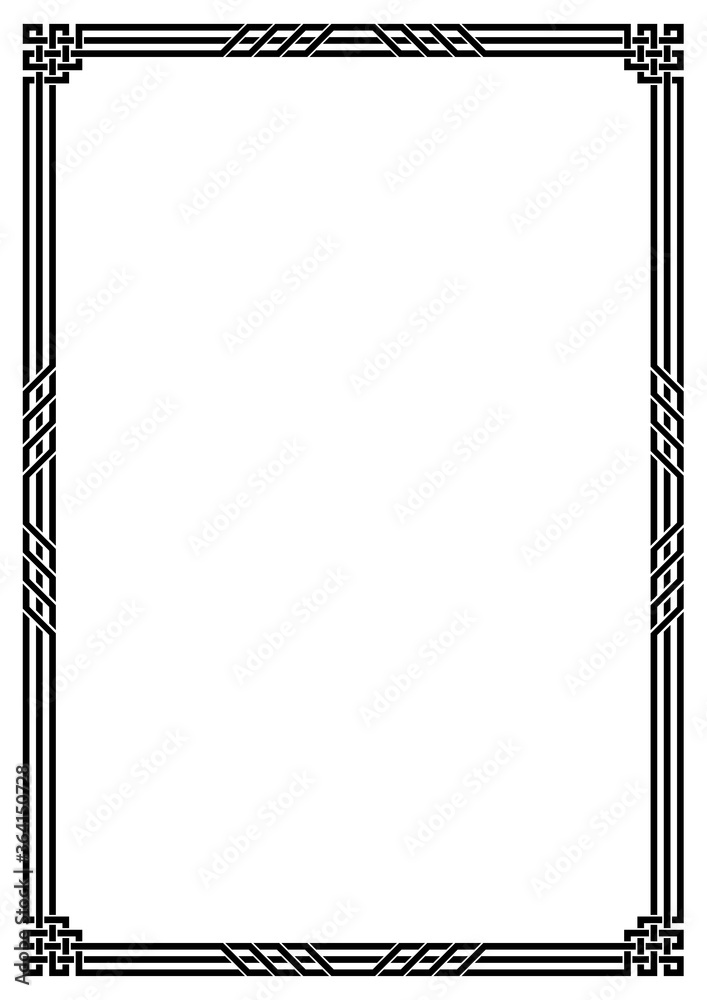 Black geometric rectangular framework. Celtic style. Interlaced lines and knots. A3, A4 page size. Black geometric rectangular framework. Celtic style. Interlaced lines and knots. A3, A4 page size.