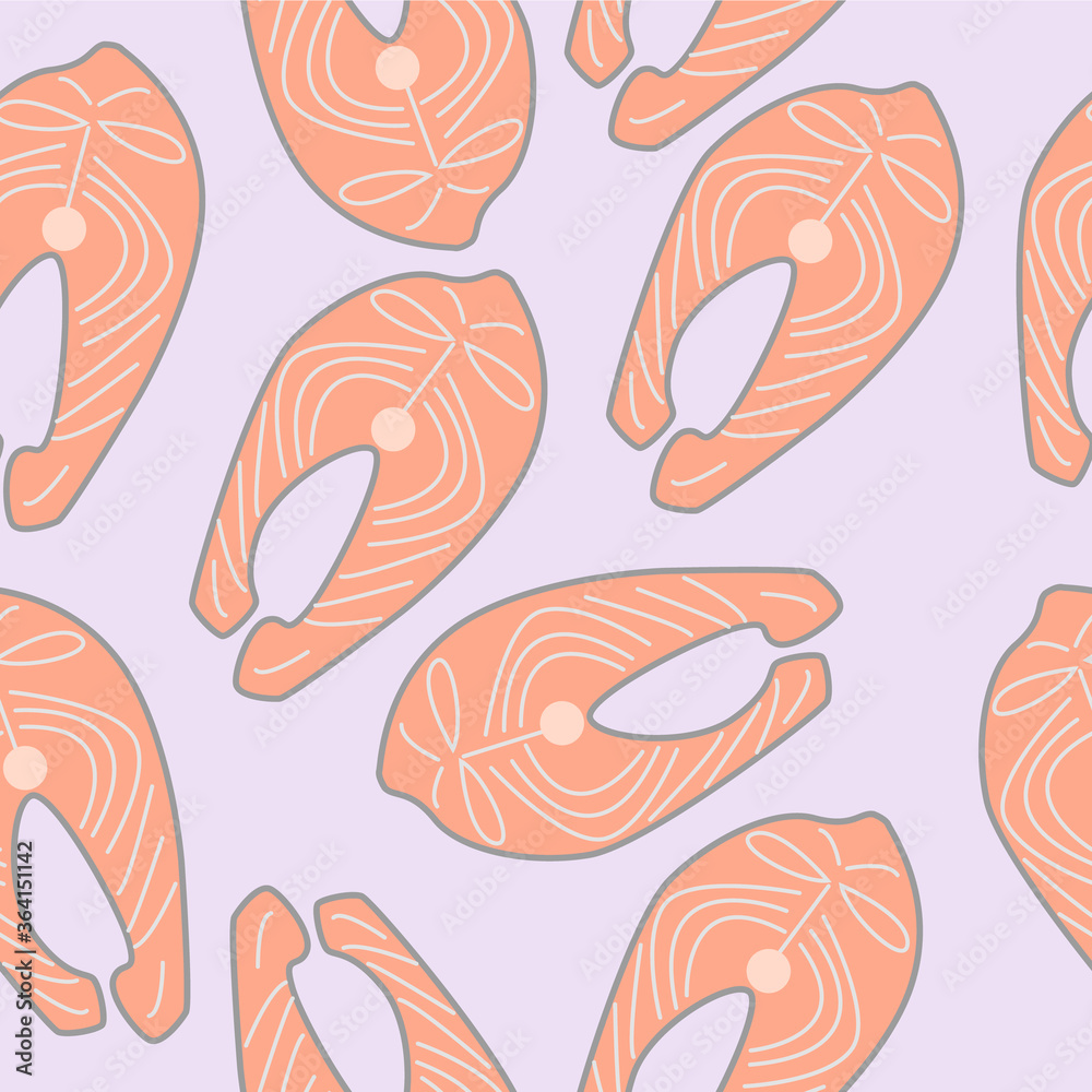Seamless pattern with salmon steaks. Salmon fillet print for clothing, packaging, label.