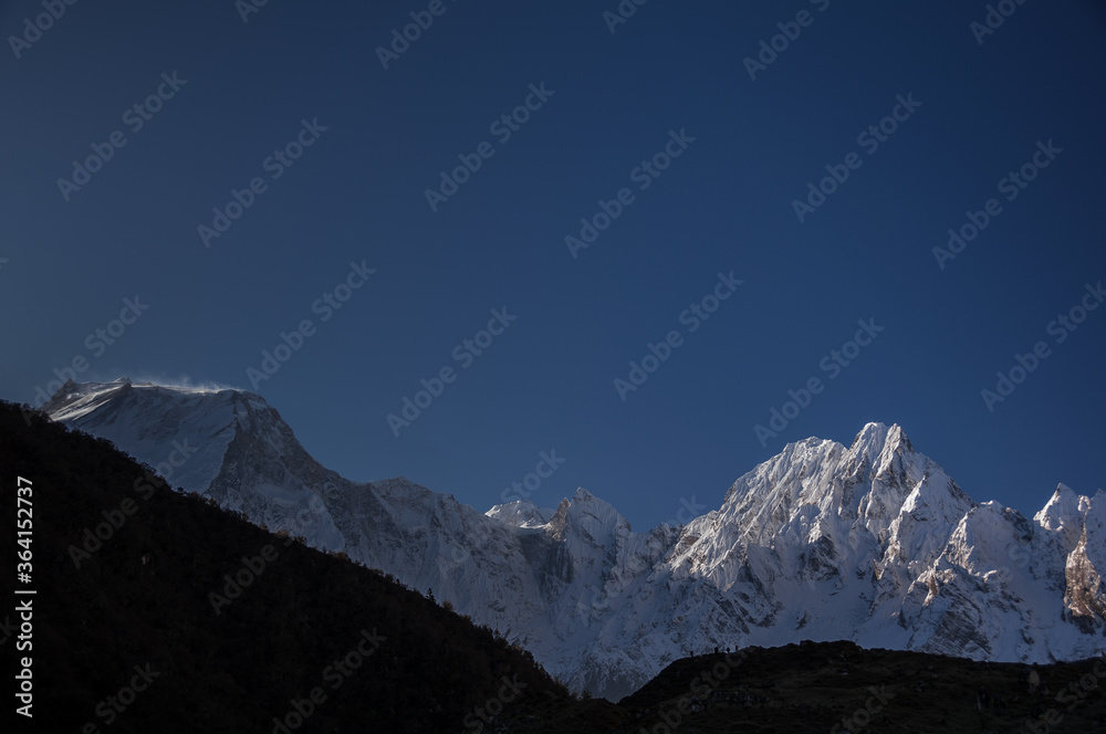 View of Nemjung, Pungi, Cheo Himal, Gyaji Kang mountains as seen from Bimtang village, Manaslu region, Nepal Himalaya, Nepal.