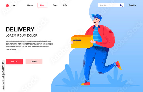 Delivery flat landing page composition. Courier man carrying cardboard box. Colorful people character with noise texture vector illustration. Door to door express delivery service, retail distribution