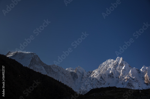 View of Nemjung, Pungi, Cheo Himal, Gyaji Kang mountains as seen from Bimtang village, Manaslu region, Nepal Himalaya, Nepal.