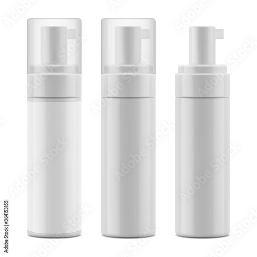 Plastic blank glossy bottle with dispenser and transparent cap. Mockup packaging for cosmetics. Vector EPS 10.