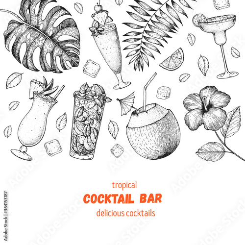 Alcoholic cocktails hand drawn vector illustration. Cocktails sketch set. Engraved style. Tropical collection. Summer time.