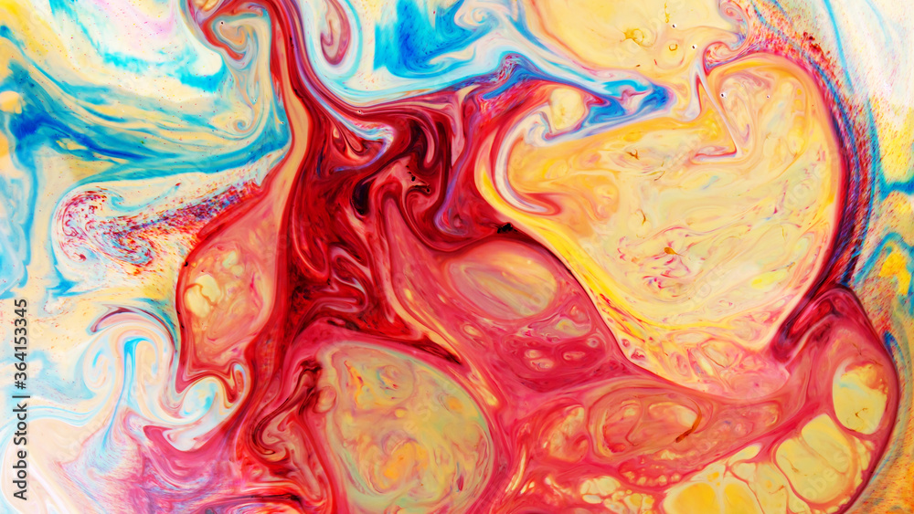 Fluid Art. Abstract blurred multi-colored background. Swirl liquid pattern. Trendy colorful backdrop. Mixing paints