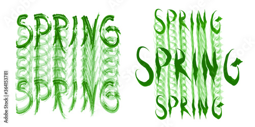 Vector set of two patterns with the words "SPRING". Roughly brush-drawn green elements on a white background. Isolated figures.