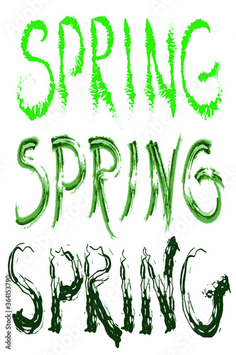 Vector set of three isolated words "SPRING". Roughly brush-drawn green elements on a white background. © Tanya