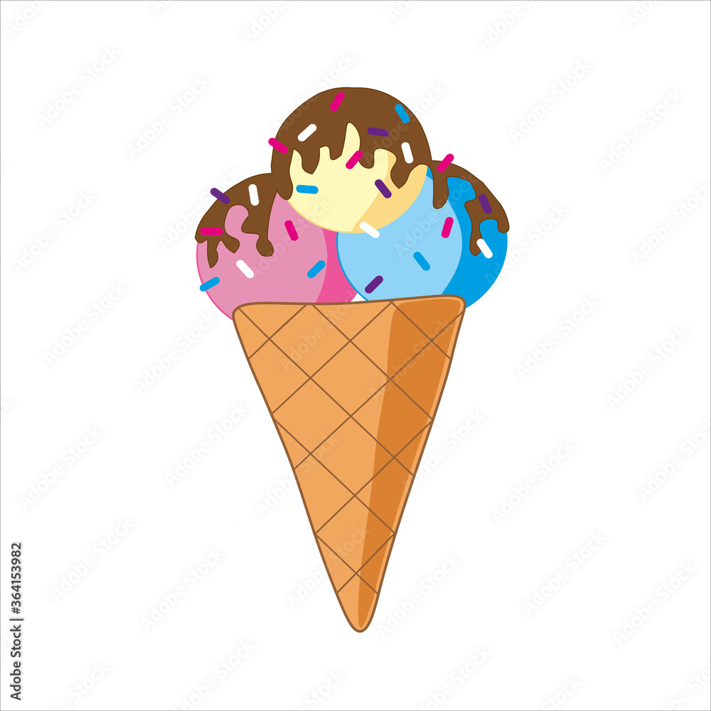Ice cream balls in the waffle cone isolated on white background. Vector illustration in flat style. Ice cream balls in the waffle cone isolated on white background. Vector illustration in flat style.