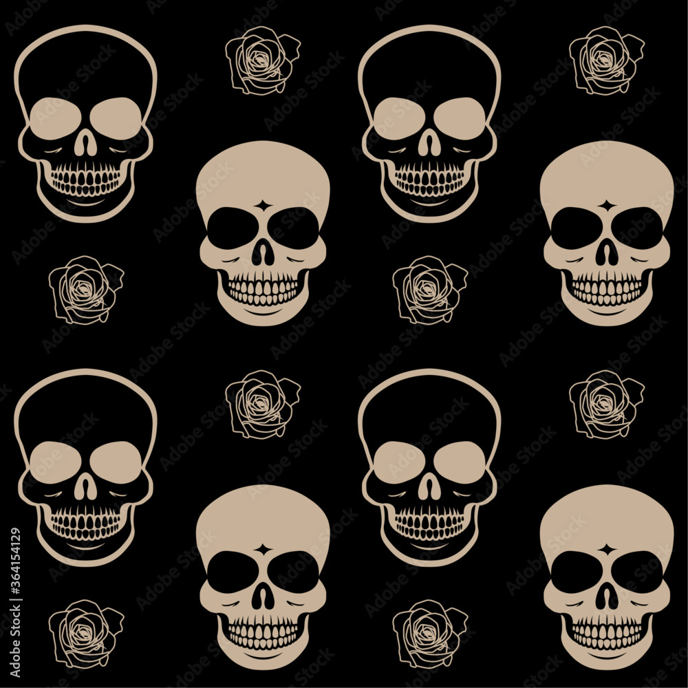 Seamless pattern with sepia coloured skulls and roses on black background. Repetitive vector illustration. 