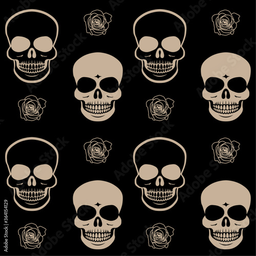 Seamless pattern with sepia coloured skulls and roses on black background. Repetitive vector illustration. 
