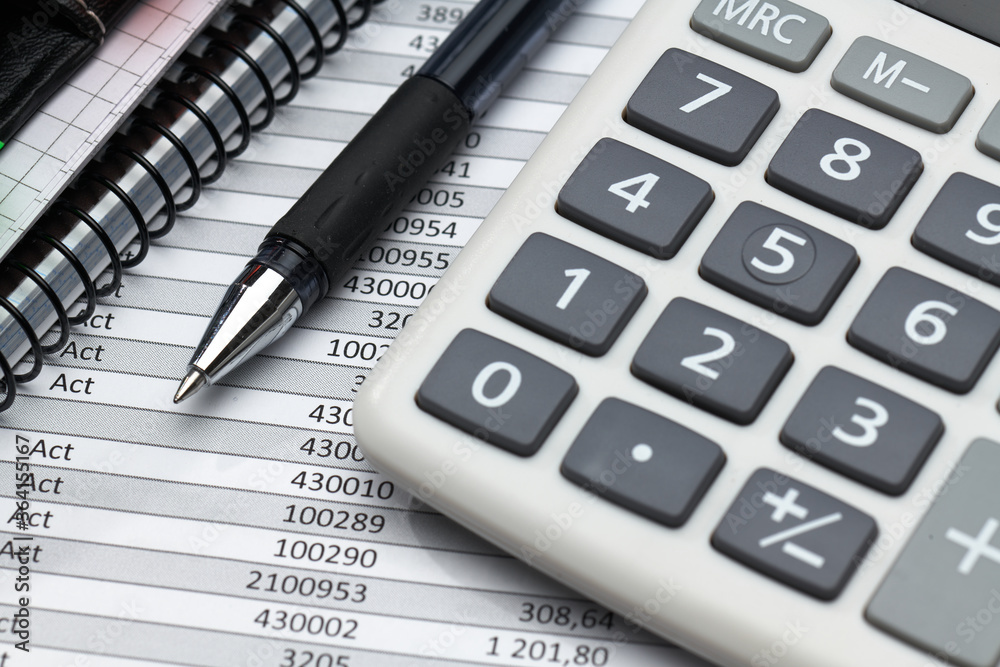 business office desk closeup - financial reports, analysis and accounting, set of documents, tables and graphs, various items for bookkeeping, calculator business office desk closeup - financial reports, analysis and accounting, set of documents, tables and graphs, various items for bookkeeping, calculator