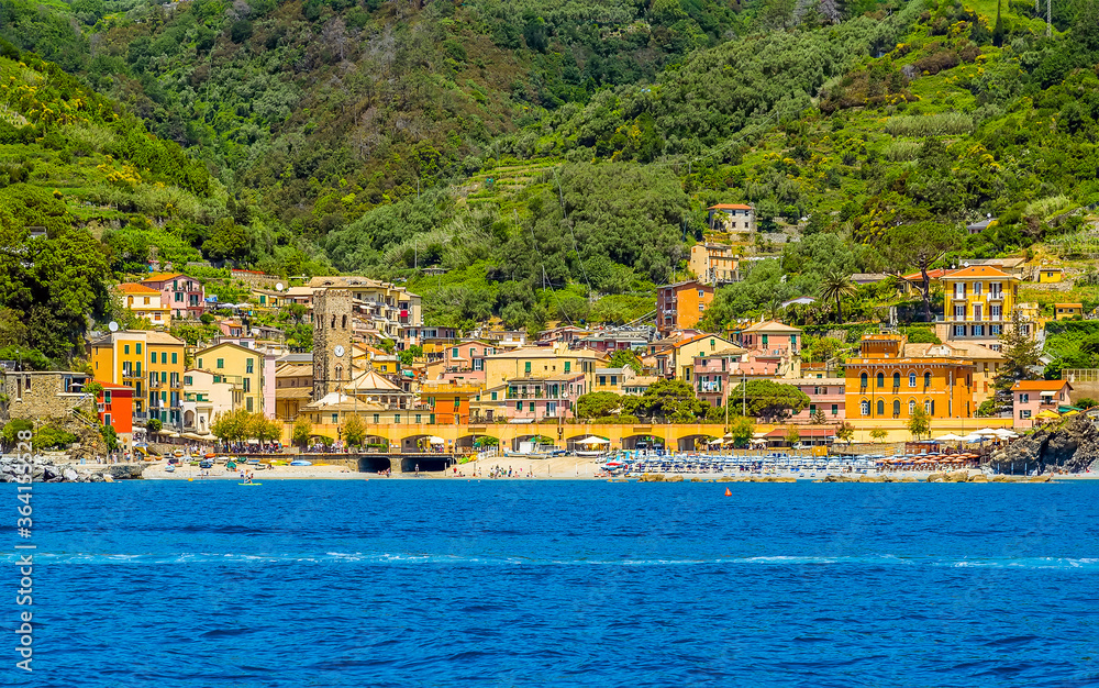 A close-up view of the harbour in Monterosso, Italy in the summertime