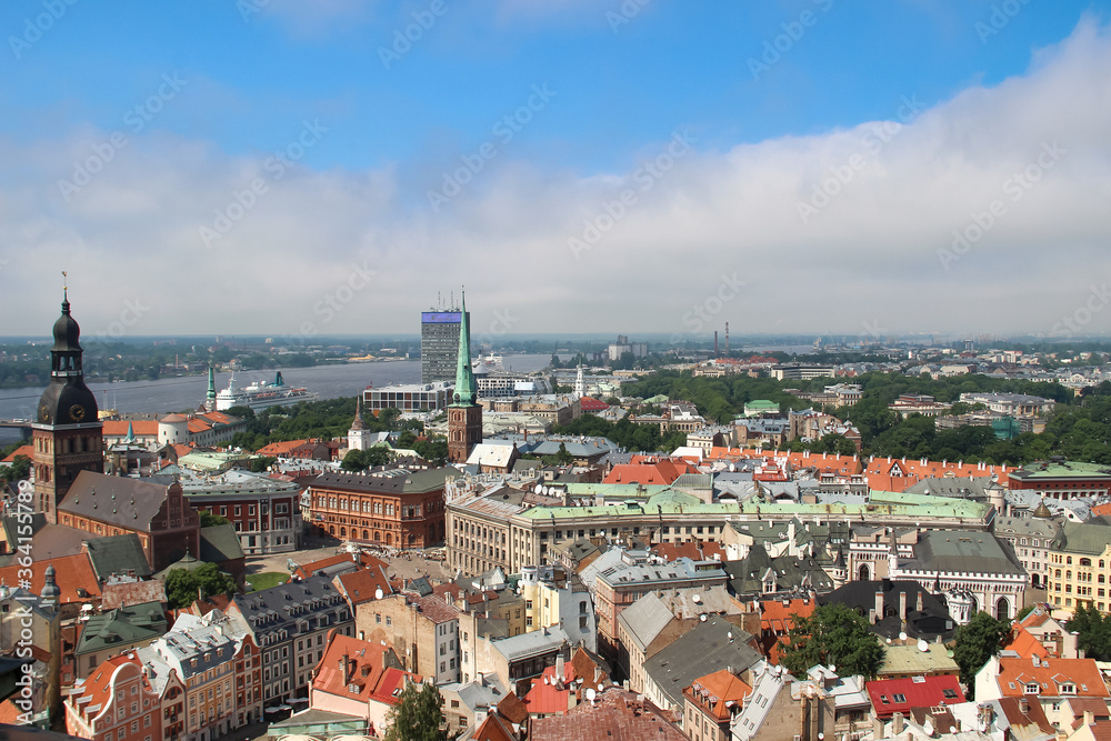 Beautiful cityscape. View of Riga from above, Latvia. Panorama of the city, Old town.
