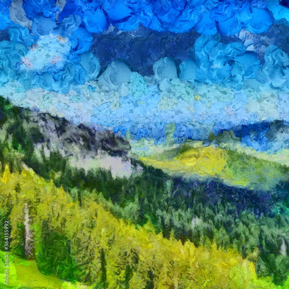 Digital painting nature landscape artwork. Mountains scenery art. Designe print.