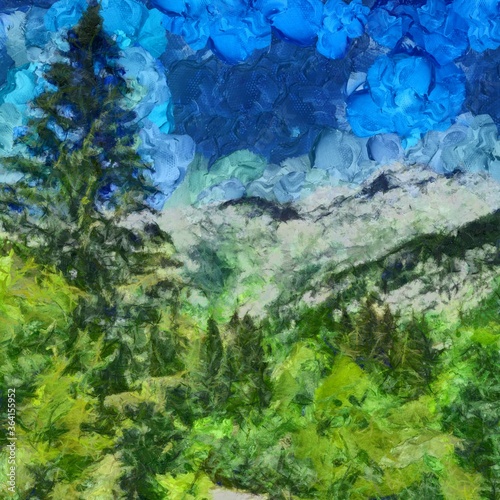 Digital painting nature landscape artwork. Mountains scenery art. Designe print. © ALIAKSANDR