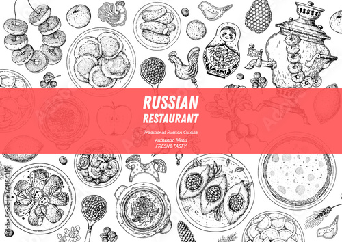 Russian cuisine top view frame. Food menu design elements. Traditional dishes. Russian food. Doodle collection. Vintage hand drawn sketch vector illustration. Menu background. Engraved style.
