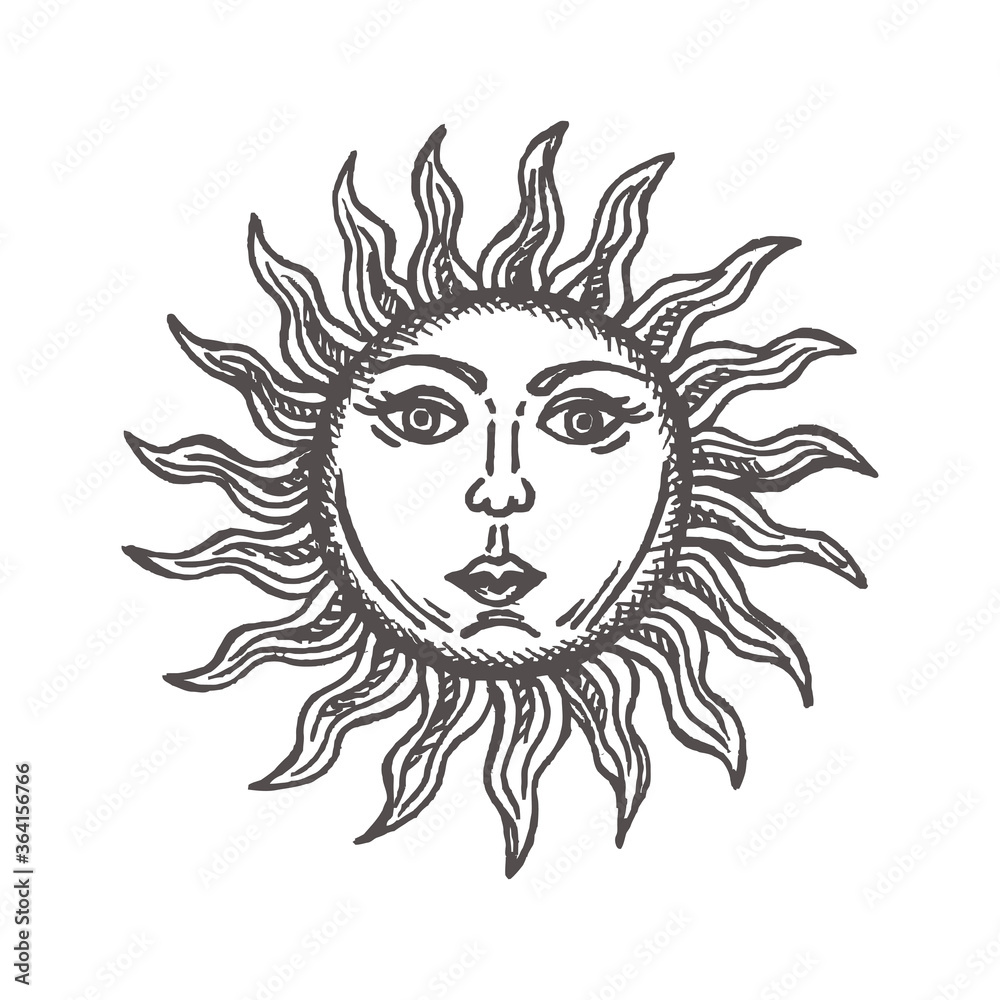 Sun with face stylized as engraving Hand drawn Vector astrology symbol