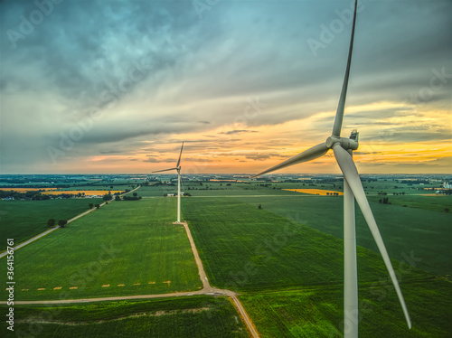 Aerial Image of Rural Wind Turbines at Sunset, Southwestern Ontario, Canada