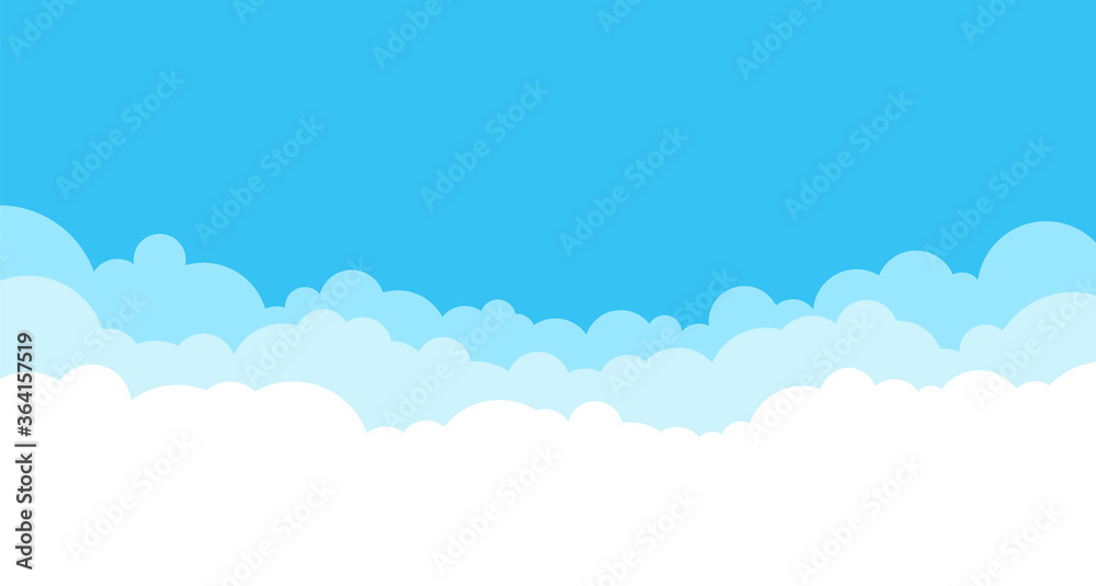 Fototapeta Blue vector sky with white cute clouds conceptual banner background with text space. Web border of clouds layers. Simple cartoon design. Stylish cartoon web banner with blue cloud on white background.