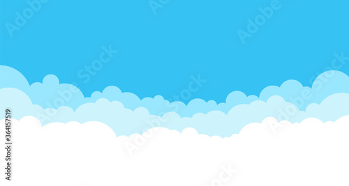 Blue vector sky with white cute clouds conceptual banner background with text space. Web border of clouds layers. Simple cartoon design. Stylish cartoon web banner with blue cloud on white background.