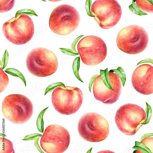 Seamless pattern with watercolor peach fruits and leaves