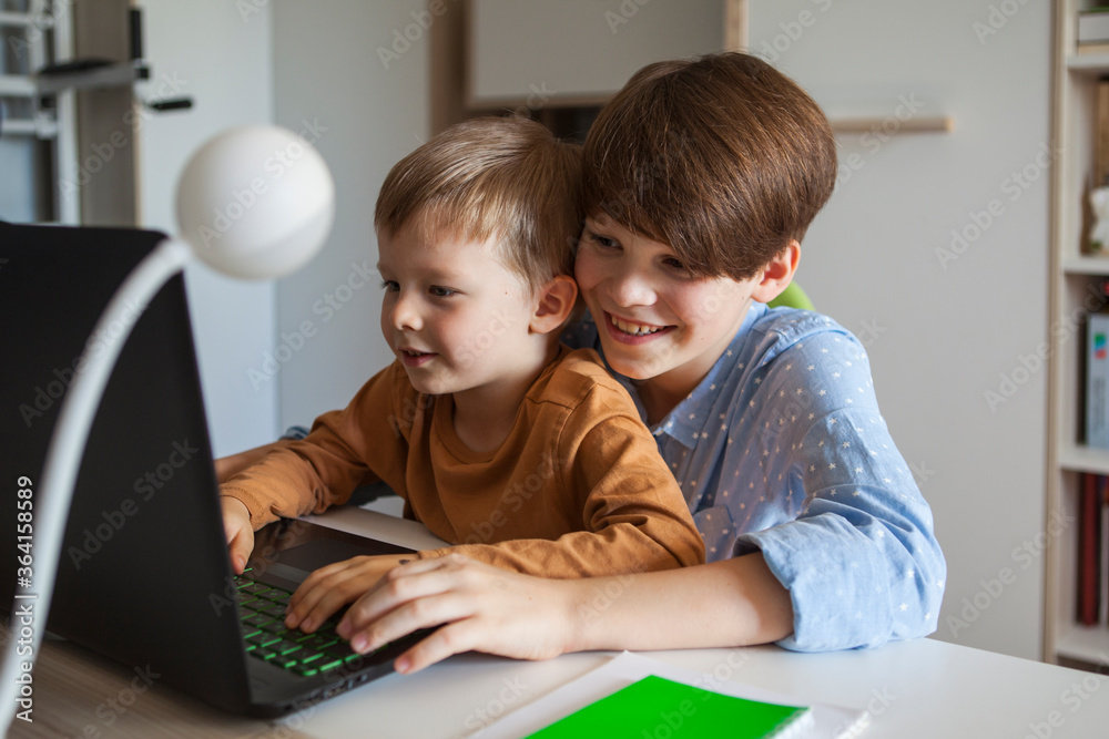 Brothers spend time with a laptop Brothers spend time with a laptop