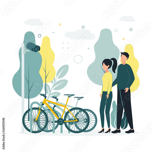 CCTV. Vector illustration A man and a woman stand near a bicycle parking with bicycles, a surveillance camera is being shot, on the background are trees, bushes, clouds.