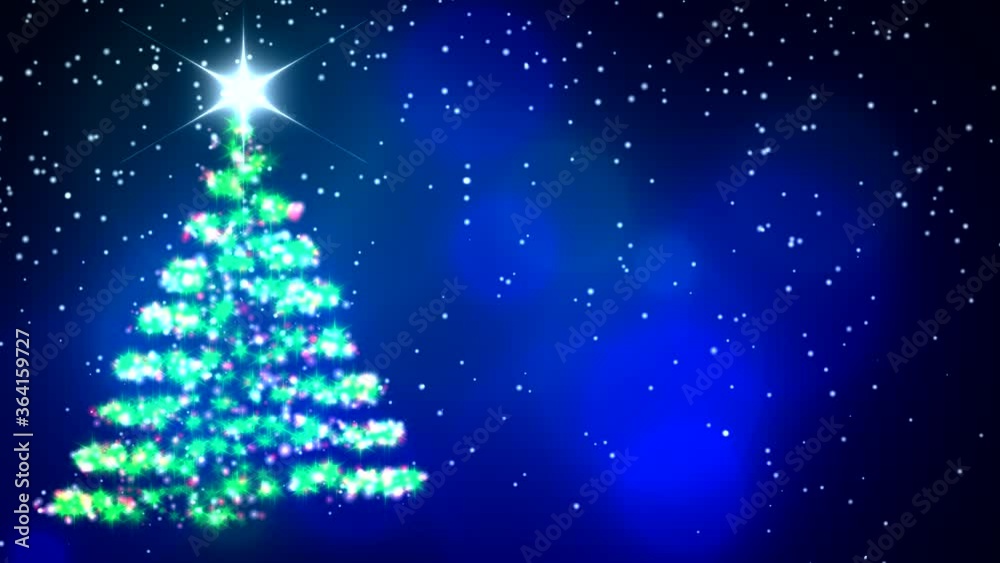 Looping animation of a Christmas tree with bright lights and falling snow on a dark blue background with space for text. Looping animation of a Christmas tree with bright lights and falling snow on a dark blue background with space for text.