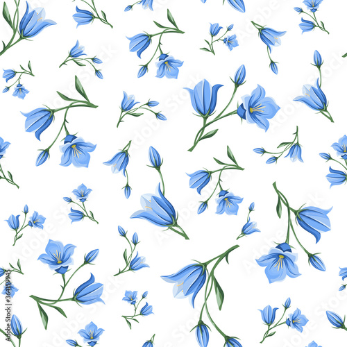 Vector seamless pattern with blue bluebell (campanula) flowers on a white background.