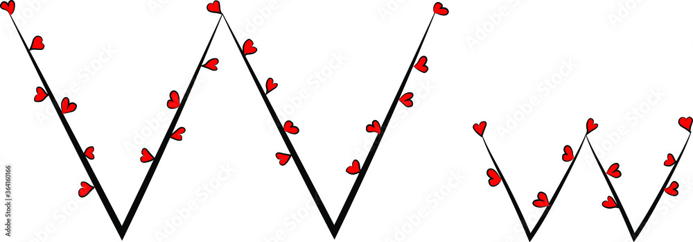 Festive romantic font. Black branches and bright red hearts. Valentine's day. Design of greeting cards and invitations. Latin English letters. Uppercase and lowercase letter W. Concise design