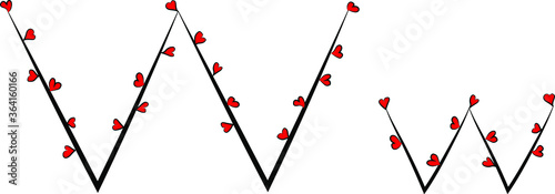 Obraz na płótnie Festive romantic font. Black branches and bright red hearts. Valentine's day. Design of greeting cards and invitations. Latin English letters. Uppercase and lowercase letter W. Concise design w salonie