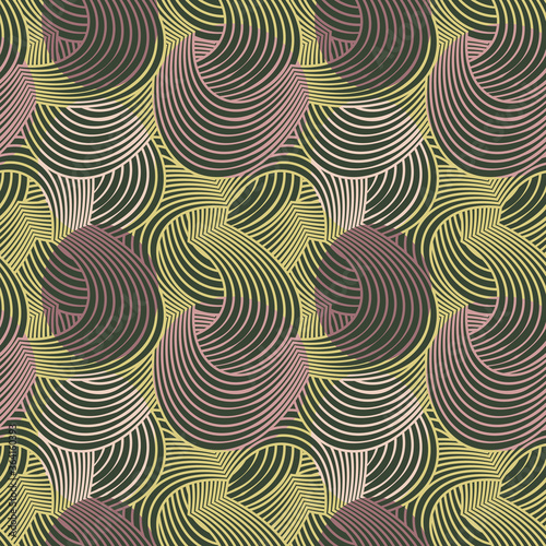 Abstract seamless floral pattern created of dense geometric flowers in dark green, yellow and pink. Great for fabric and wallpaper.