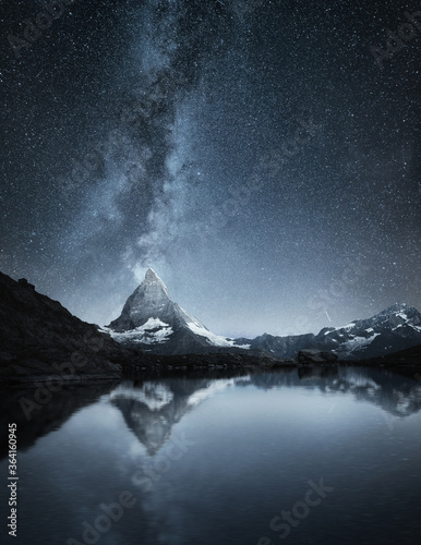 Matterhorn and reflection on the water surface at the night time. Milky way above Matterhorn, Switzerland. Travel - image