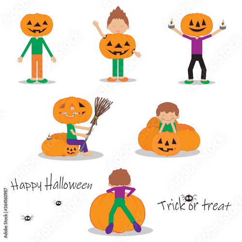 Set of characters on Halloween. Children in costumes surrounded by pumpkins. Happy Halloween inscription with cartoon spiders. Text Trick or treet with a funny spider. Templates for postcards.