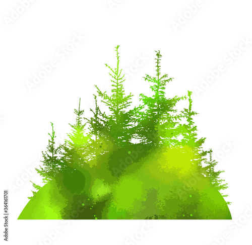 Landscape nature green fir-trees on the hill. Vector illustration