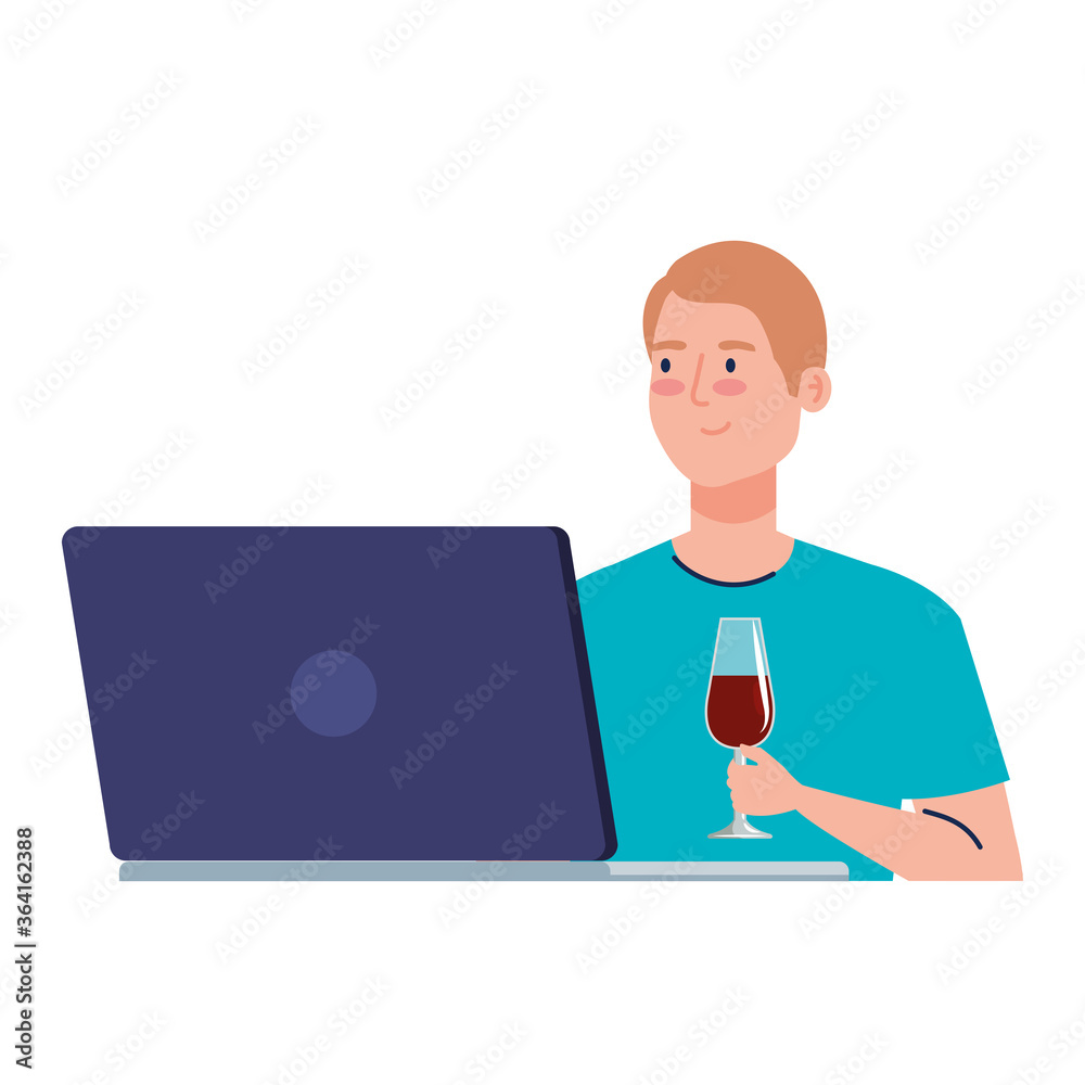 online party, man with laptop, have online party in quarantine, party web camera online holiday vector illustration design online party, man with laptop, have online party in quarantine, party web camera online holiday vector illustration design