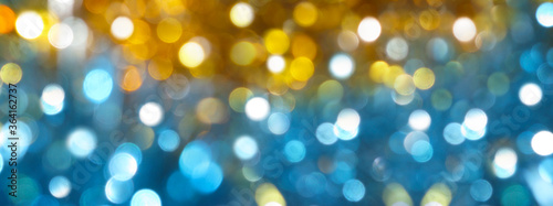 Festive blurred bokeh background, bright circles, defocused, lights, fun, party, glow effect, gold, blue, pattern, Christmas