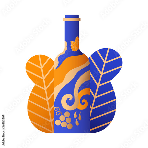 Art blue orange and gold bottle and leaves for your wine isolated on white background. Brand design, logo, festival, event.
