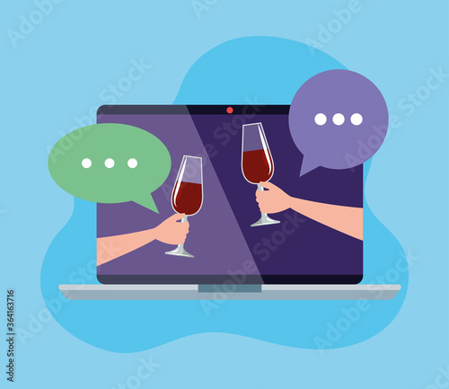 hands with cups wine in laptop, online party concept on blue background vector illustration design