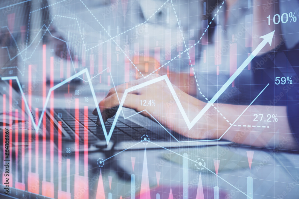 Multi exposure of woman hands typing on computer and financial graph hologram drawing. Stock market analysis concept. Multi exposure of woman hands typing on computer and financial graph hologram drawing. Stock market analysis concept.