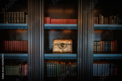 library shelves with books