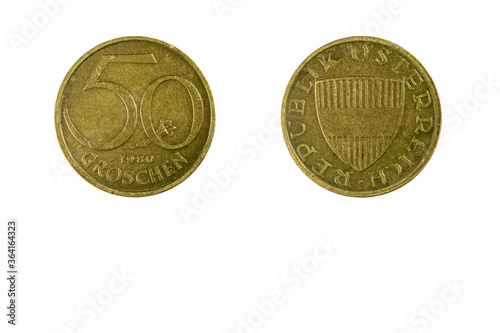 Austrian 50 Groschen coin Schilling currency year 1980 obverse and reverse side on white background macro close up