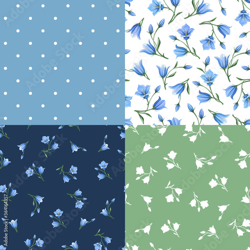 Set of four vector floral patterns with blue bluebell (campanula) flowers.