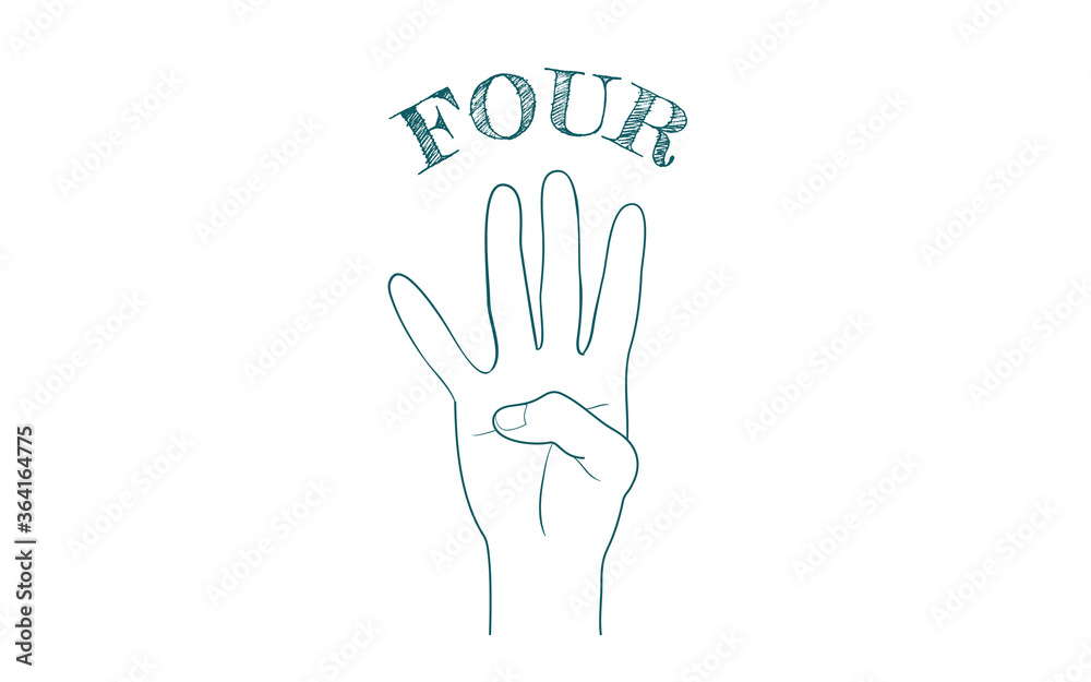 Obraz premium ハンドサインのアイコン、数字の4、指文字.ベクターイラスト.