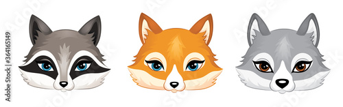 Heads of a cute animals isolated on white.