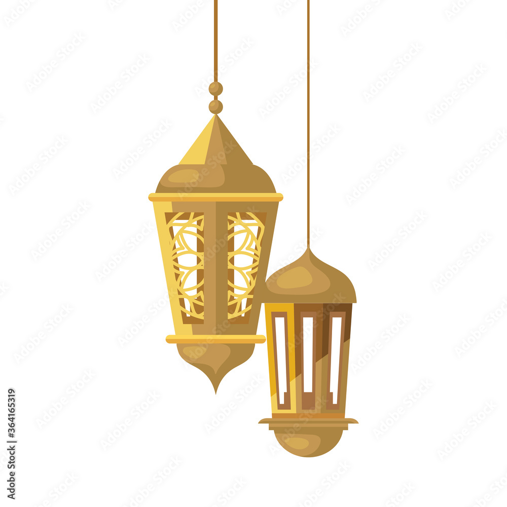 ramadan kareem lanterns hanging, golden lanterns hanging on white background vector illustration design ramadan kareem lanterns hanging, golden lanterns hanging on white background vector illustration design