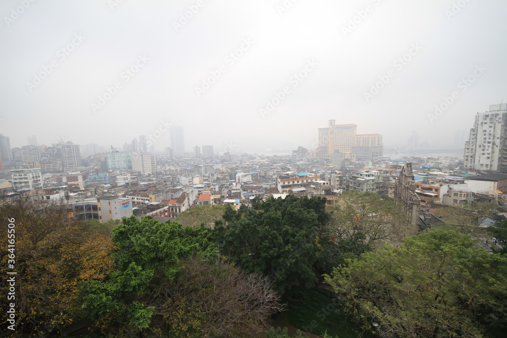 High angle foggy view of the Macao cityscape