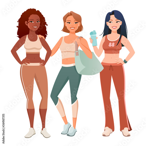 Sportive girl. Black, white and Asian girl in sportive outfits. Vector illustration in terra-cotta color palette.